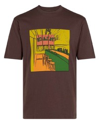 Темно-коричневая кружевная футболка с круглым вырезом с принтом