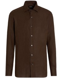 Мужская темно-коричневая льняная рубашка с длинным рукавом от Zegna