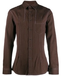 Темно-коричневая рубашка с длинным рукавом в вертикальную полоску