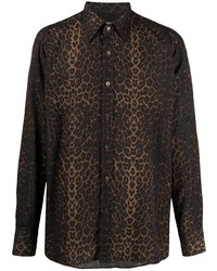 Мужская темно-коричневая рубашка с длинным рукавом с леопардовым принтом от Tom Ford