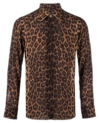 Мужская темно-коричневая рубашка с длинным рукавом с леопардовым принтом от Tom Ford