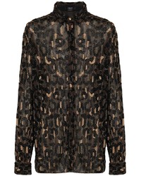Мужская темно-коричневая рубашка с длинным рукавом с леопардовым принтом от Versace