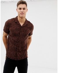 Мужская темно-коричневая рубашка с коротким рукавом с леопардовым принтом от New Look