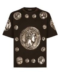 Мужская темно-коричневая футболка с круглым вырезом с принтом от Dolce & Gabbana