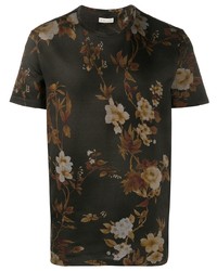 Темно-коричневая футболка с круглым вырезом с цветочным принтом