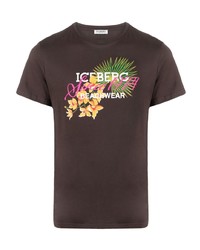 Мужская темно-коричневая футболка с круглым вырезом с цветочным принтом от Iceberg