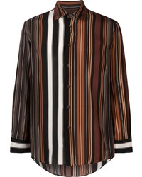 Мужская темно-коричневая шелковая рубашка с длинным рукавом в вертикальную полоску от Etro
