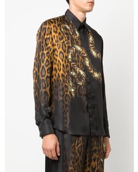 Мужская темно-коричневая шелковая рубашка с длинным рукавом с леопардовым принтом от Roberto Cavalli
