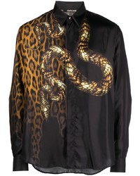 Мужская темно-коричневая шелковая рубашка с длинным рукавом с леопардовым принтом от Roberto Cavalli