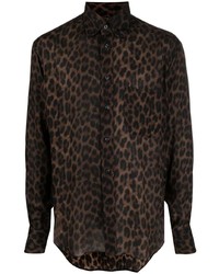 Мужская темно-коричневая шелковая рубашка с длинным рукавом с леопардовым принтом от Tom Ford