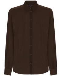 Мужская темно-коричневая шелковая рубашка с длинным рукавом от Dolce & Gabbana