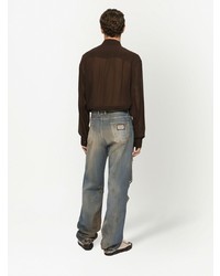 Мужская темно-коричневая шелковая рубашка с длинным рукавом от Dolce & Gabbana