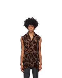 Темно-коричневая шелковая рубашка с коротким рукавом с цветочным принтом