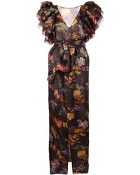 Темно-коричневое шелковое вечернее платье с принтом от Rosie Assoulin