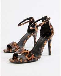 Темно-коричневые кожаные босоножки на каблуке с леопардовым принтом от New Look