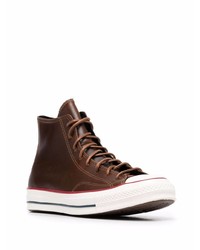 Мужские темно-коричневые кожаные высокие кеды от Converse