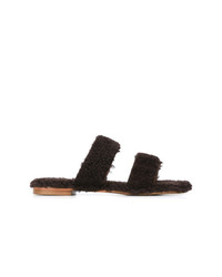 Темно-коричневые меховые сандалии на плоской подошве от Avec Modération