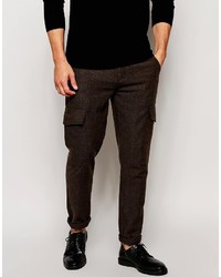 Темно-коричневые шерстяные брюки карго с узором "в ёлочку"