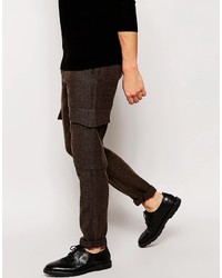 Темно-коричневые шерстяные брюки карго с узором "в ёлочку" от Asos