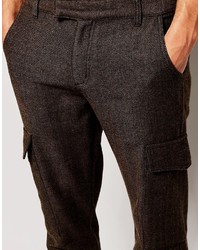 Темно-коричневые шерстяные брюки карго с узором "в ёлочку" от Asos