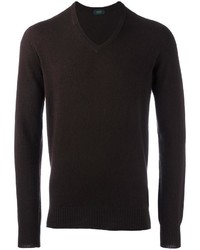 Мужской темно-коричневый свитер с v-образным вырезом от Zanone