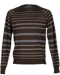 Темно-коричневый свитер с круглым вырезом в горизонтальную полоску