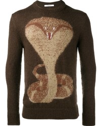 Темно-коричневый свитер с круглым вырезом с принтом
