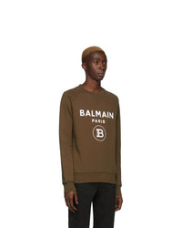 Мужской темно-коричневый свитер с круглым вырезом с принтом от Balmain