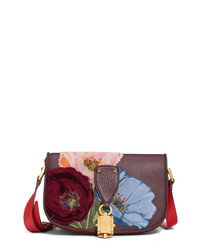 Темно-красная кожаная сумка-саквояж с цветочным принтом