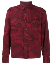 Мужская темно-красная рубашка с длинным рукавом с камуфляжным принтом от Saint Laurent