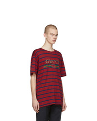 Мужская темно-красная футболка с круглым вырезом в горизонтальную полоску от Gucci