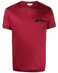 Мужская темно-красная футболка с круглым вырезом с вышивкой от Alexander McQueen