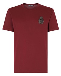 Мужская темно-красная футболка с круглым вырезом с вышивкой от Dolce & Gabbana