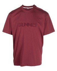Мужская темно-красная футболка с круглым вырезом с вышивкой от Sunnei