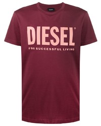 Мужская темно-красная футболка с круглым вырезом с принтом от Diesel