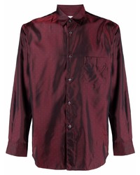 Темно-красная шелковая рубашка с длинным рукавом в горошек