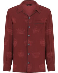 Темно-красная шелковая рубашка с длинным рукавом с принтом
