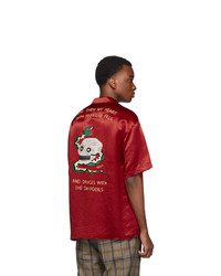 Мужская темно-красная шелковая рубашка с коротким рукавом с вышивкой от Gucci