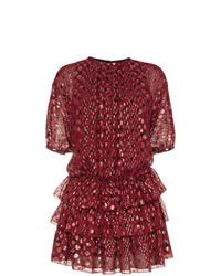 Темно-красное платье с плиссированной юбкой с принтом от Saint Laurent