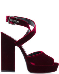 Темно-красные бархатные босоножки на каблуке от Saint Laurent