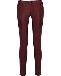 Темно-красные кожаные узкие брюки от Balmain