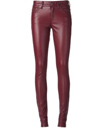 Темно-красные кожаные узкие брюки от Saint Laurent