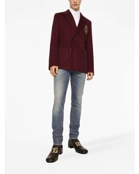 Мужской темно-красный двубортный пиджак с вышивкой от Dolce & Gabbana