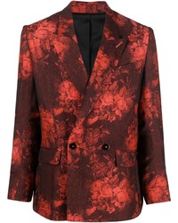 Темно-красный двубортный пиджак с цветочным принтом