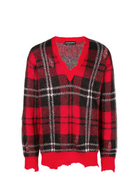 Темно-красный свитер с v-образным вырезом в клетку