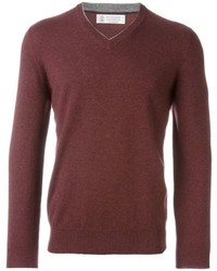 Мужской темно-красный свитер с v-образным вырезом от Brunello Cucinelli