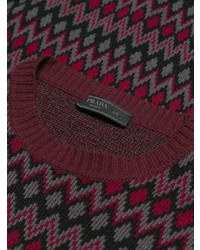 Мужской темно-красный свитер с круглым вырезом с узором зигзаг от Prada