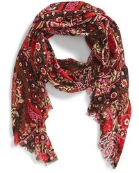 Темно-красный шарф с цветочным принтом