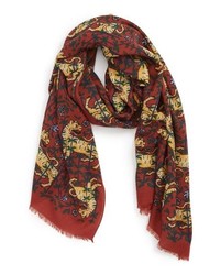 Темно-красный шерстяной шарф с цветочным принтом