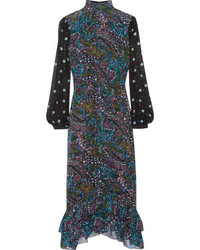Темно-пурпурное шелковое платье-миди с рюшами от Saloni